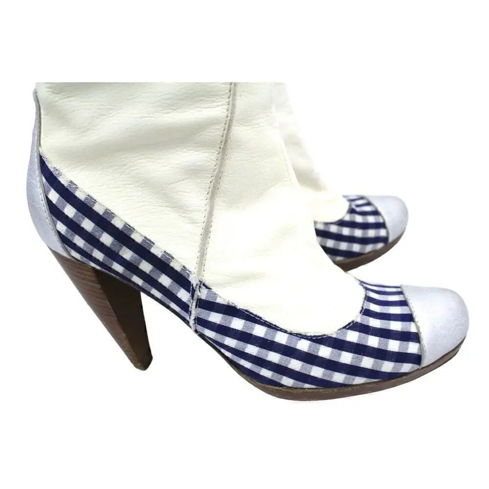 AUTHENTIC Gigi Favela White Leather Boots Heels Blue Gingham Leather 5.5